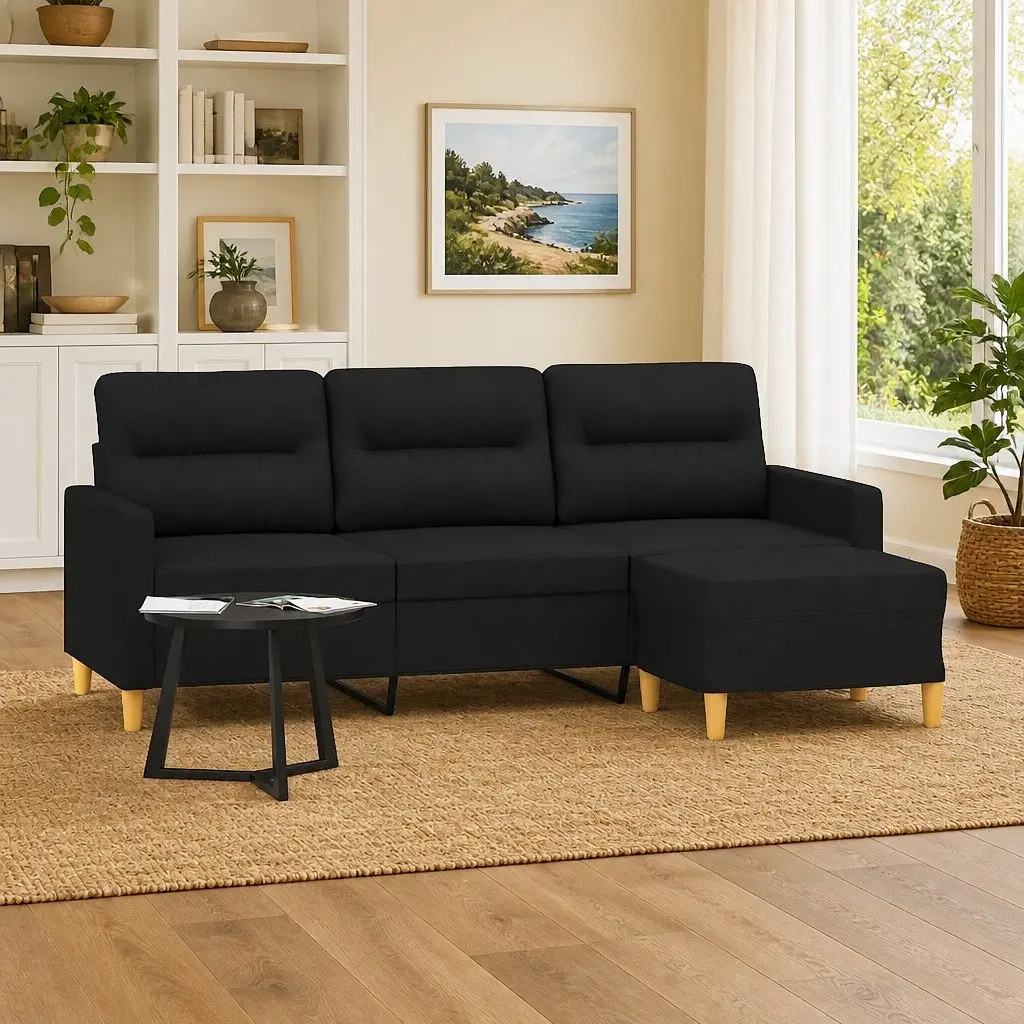3-Seater Sofa Black 180cm Fabric Lounge Couch with Footstool