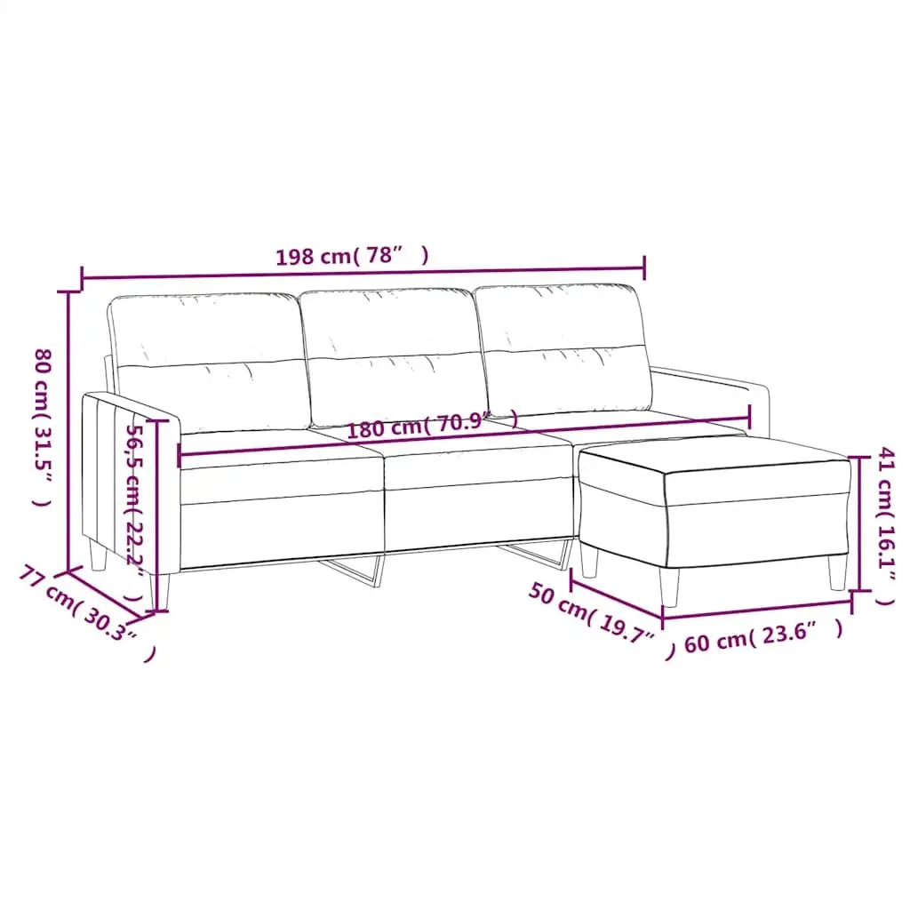 3-Seater Sofa Black 180cm Fabric Lounge Couch with Footstool
