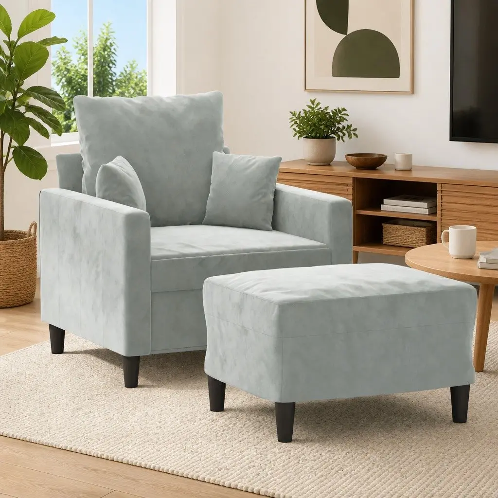 Sofa Chair Grey Velvet Modern Compact Plywood and Metal with Footstool