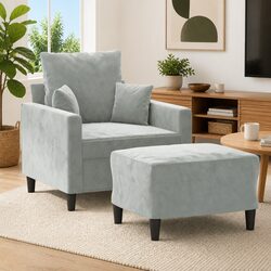 Grey Velvet Sofa Chair with Footstool for Living Rooms