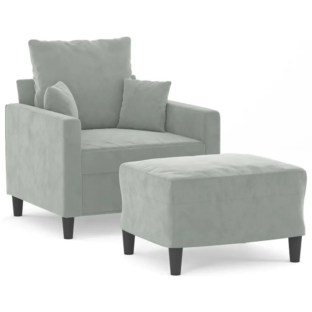 Sofa Chair Grey Velvet Modern Compact Plywood and Metal with Footstool