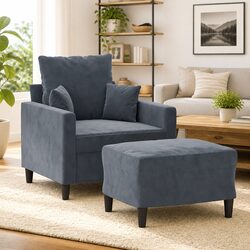 Compact Dark Grey Velvet Sofa Chair with Footstool
