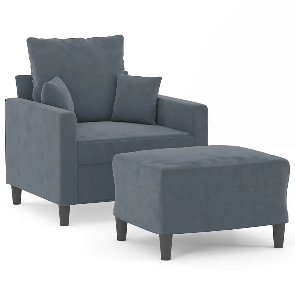 Grey Velvet Sofa Chair with Footstool Compact Armchair Modern Living Room