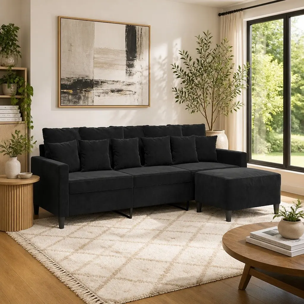 3-Seater Sofa Black 180cm Velvet with Footstool