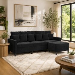 Elegant Black 3-Seater Sofa with Footstool 180cm