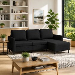 Black Faux Leather 3-Seater Sofa with Footstool