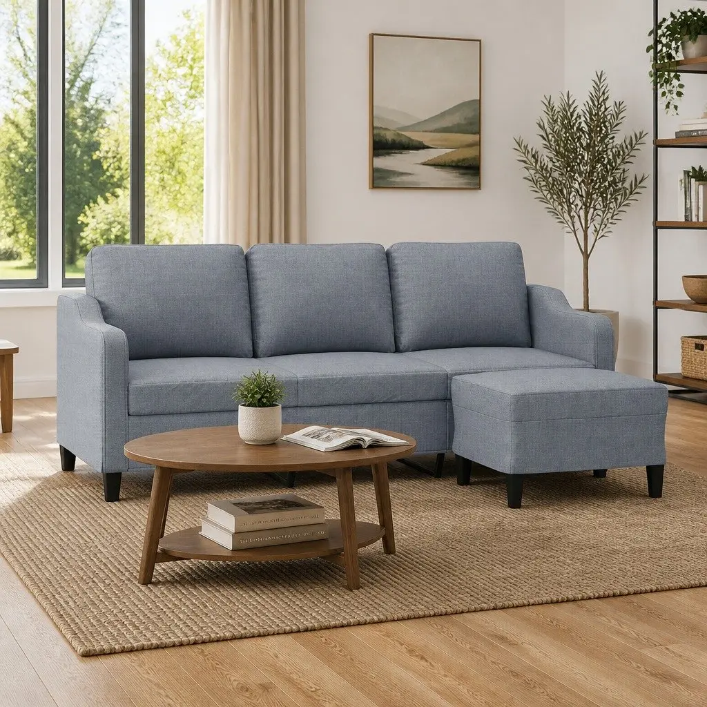 3-Seater Sofa Grey Fabric 180cm with Footstool