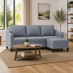 Grey Fabric 3-Seater Sofa with Footstool Lounge Suite