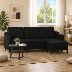 Black 3-Seater Sofa with Matching Footstool 180cm