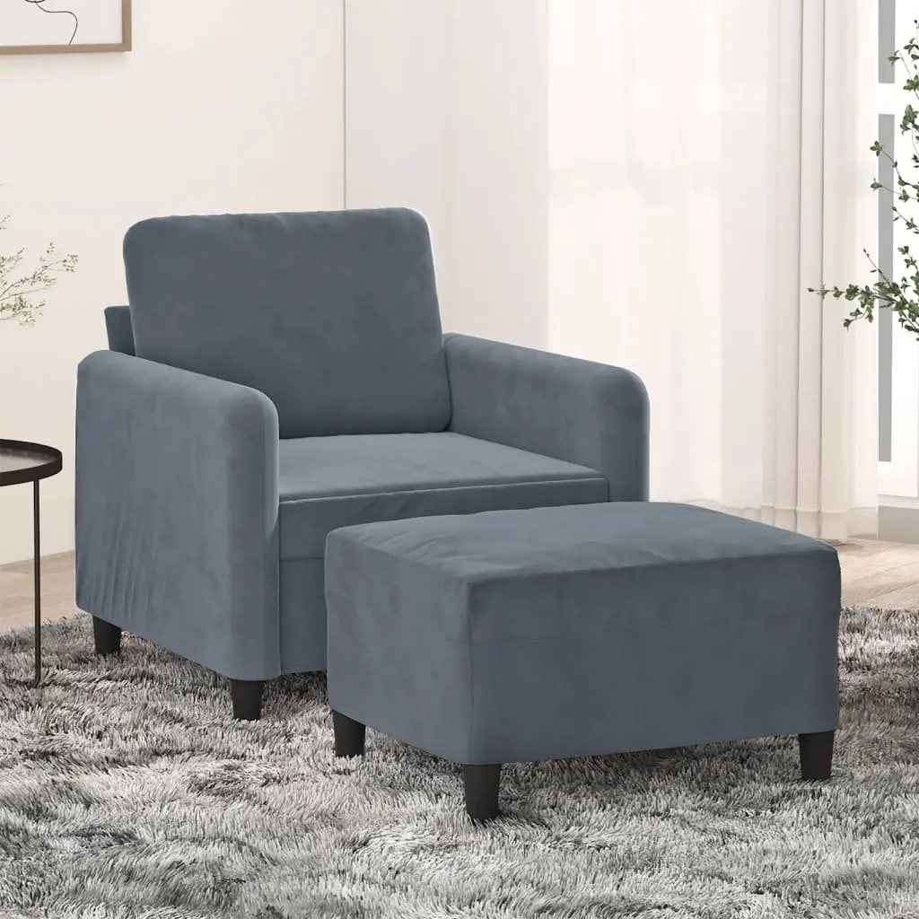 Sofa Chair with Footstool Grey Velvet Compact Armchair Living Room Furniture
