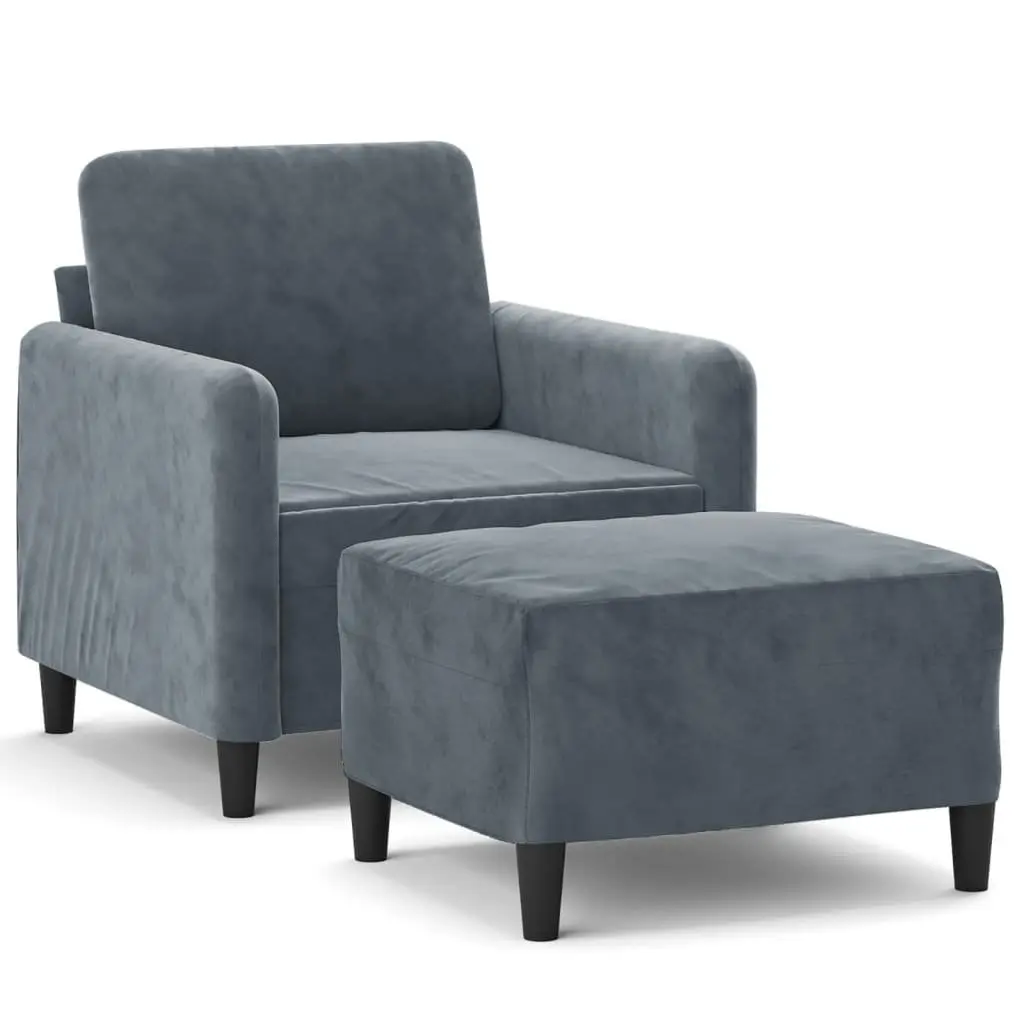 Sofa Chair Grey Velvet Compact Armchair with Footstool