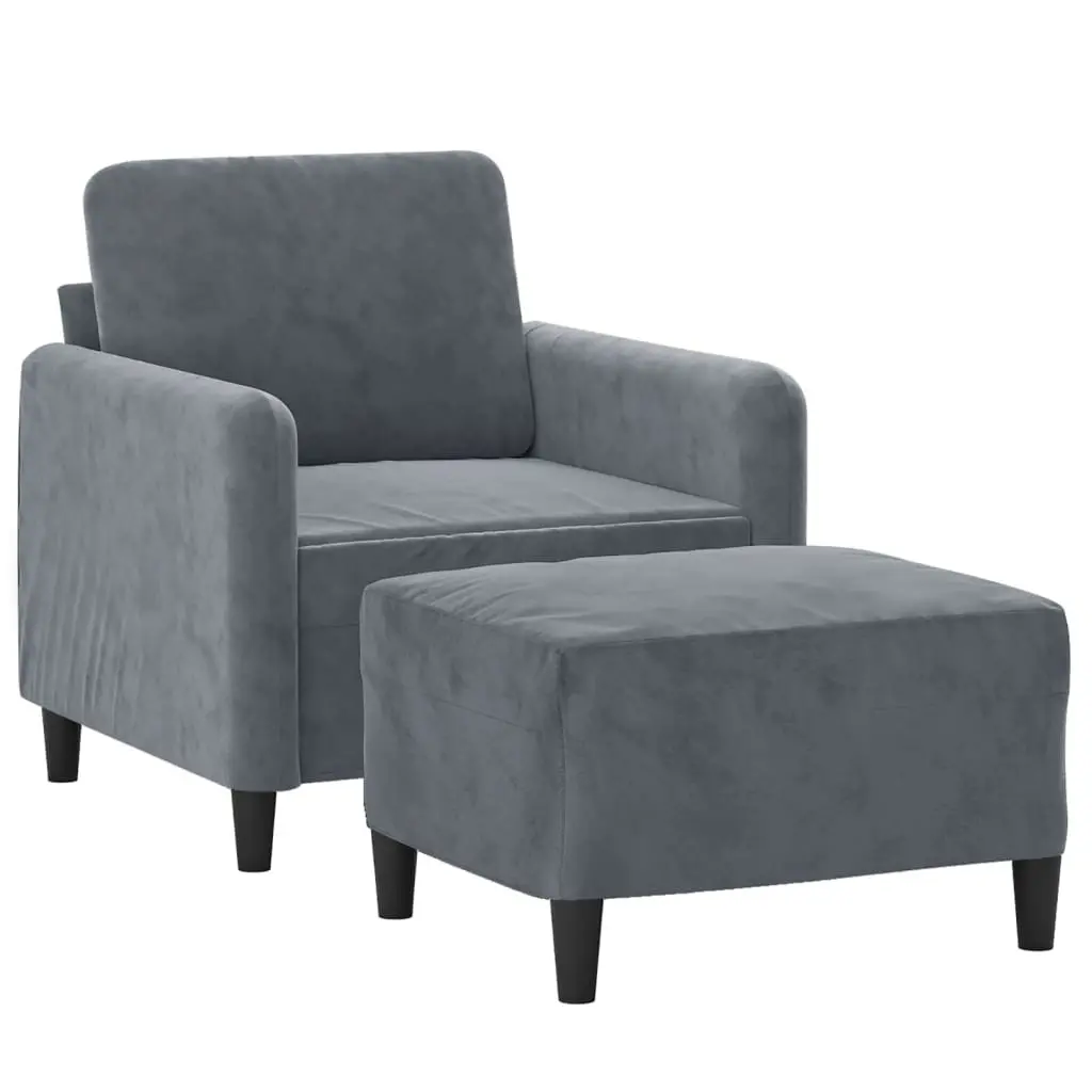 Sofa Chair Grey Velvet Compact Armchair with Footstool