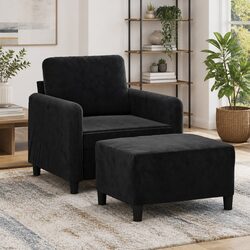 Compact Black Velvet Sofa Chair with Footstool