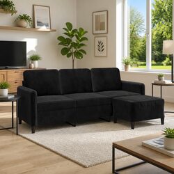 Black Velvet 3-Seater Sofa with Footstool 180cm