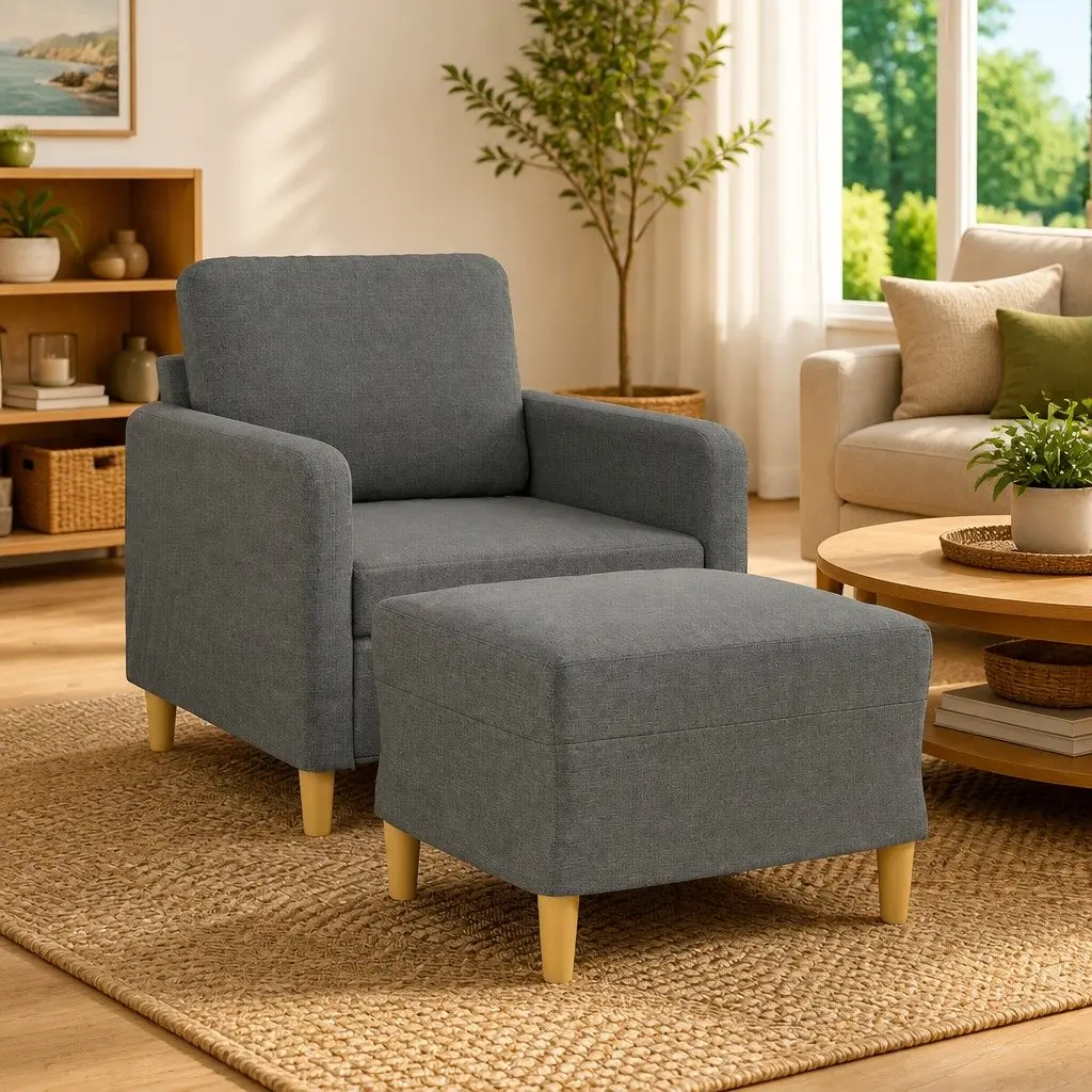 Grey Fabric Sofa Chair with Footstool Modern Compact Lounge Seat
