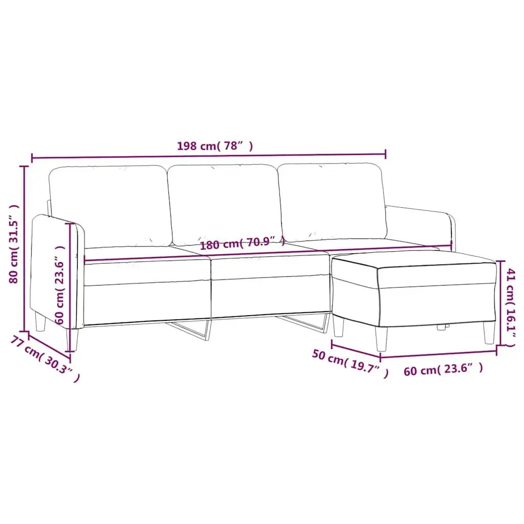 3-Seater Sofa with Footstool Black 180cm Fabric