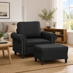 Compact Black Faux Leather Sofa Chair with Footstool