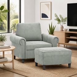 Grey Velvet Sofa Chair with Footstool for Living Room