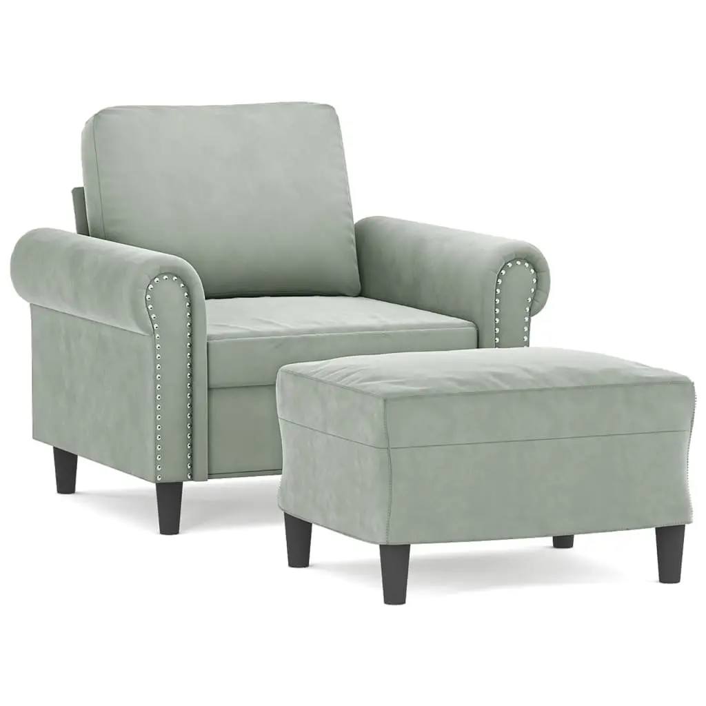 Sofa Chair Grey Velvet Lounge Seat with Footstool Plywood and Metal Frame