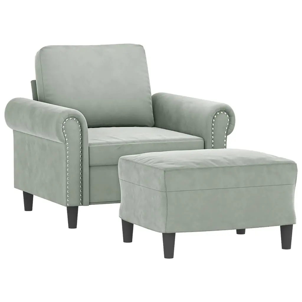Sofa Chair Grey Velvet Lounge Seat with Footstool Plywood and Metal Frame