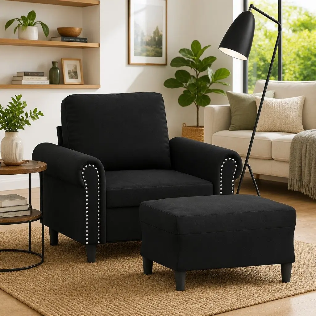 Sofa Chair with Footstool Black Velvet Accent Armchair Padded Seat Living Room