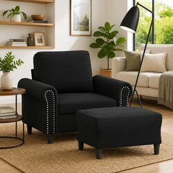 Black Velvet Sofa Chair with Footstool for Cozy Living