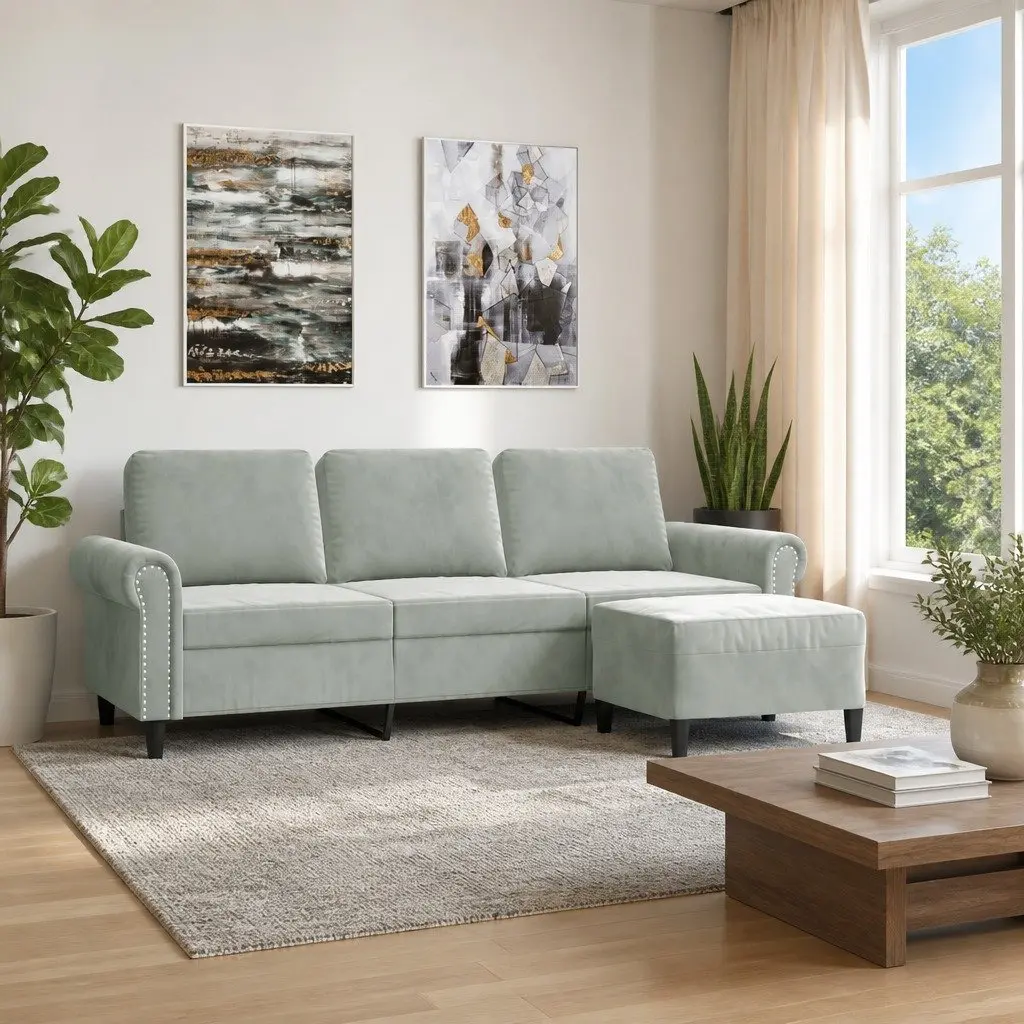 3-Seater Sofa Grey Velvet 180cm Plywood and Metal Frame
