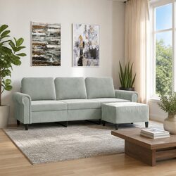 Grey Velvet 3-Seater Sofa with Footstool for Living Rooms