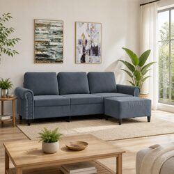 Grey Velvet 3-Seater Sofa with Footstool for Comfort
