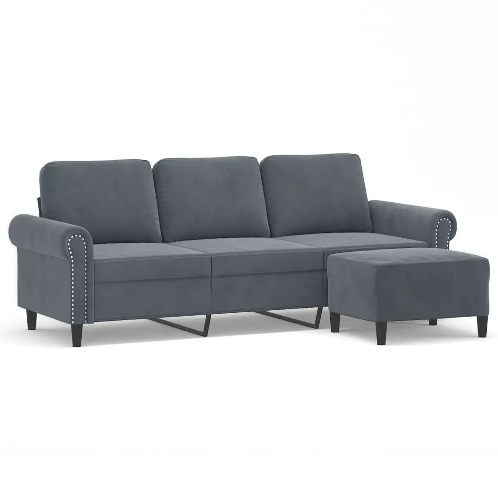 3-Seater Sofa Dark Grey 180cm Velvet Lounge Couch with Footstool