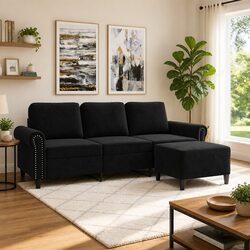 Black 3-Seater Sofa with Footstool 180cm Velvet Lounge