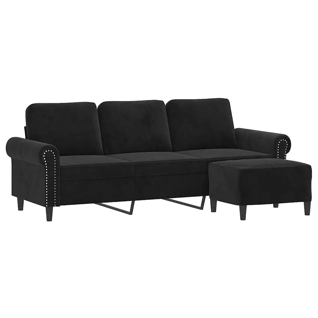3-Seater Sofa Black Velvet 180cm Living Room Lounge Couch with Footstool