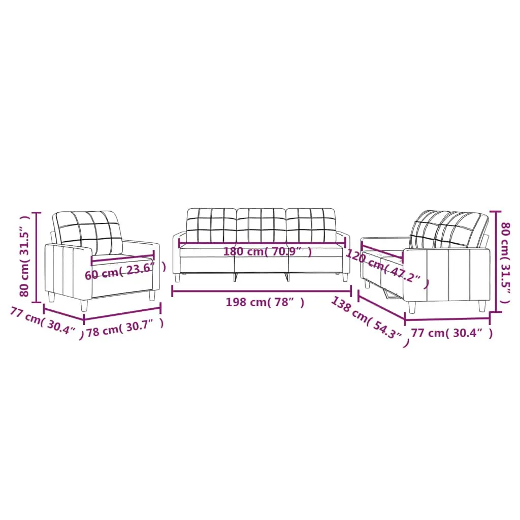 3 Piece Sofa Set Grey Fabric Living Room Furniture Seating with Cushions Modern