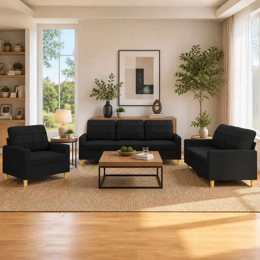 3 Piece Sofa Set Black Fabric Modern Living Room Furniture Couch