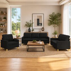 Comfortable 3 Piece Black Fabric Sofa Set