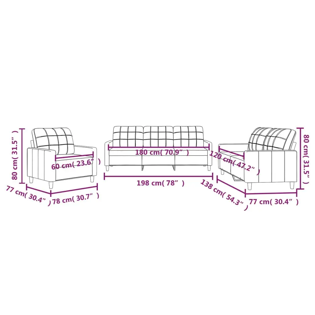 3 Piece Sofa Set Black Fabric Modern Living Room Furniture Couch