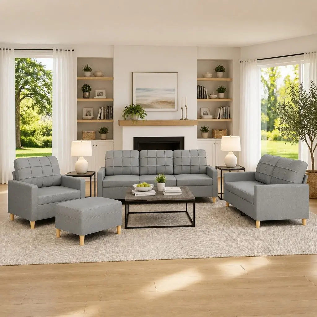 Grey Fabric Lounge Suite Sofa Set 4 Piece with Cushions and Footstool