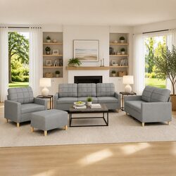 4 Piece Grey Fabric Sofa Set with Cushions and Footstool