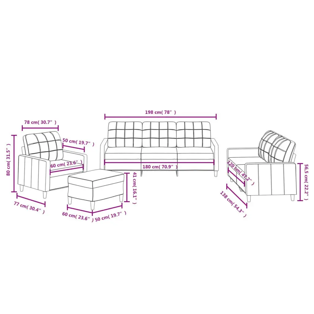 Grey Fabric Lounge Suite Sofa Set 4 Piece with Cushions and Footstool