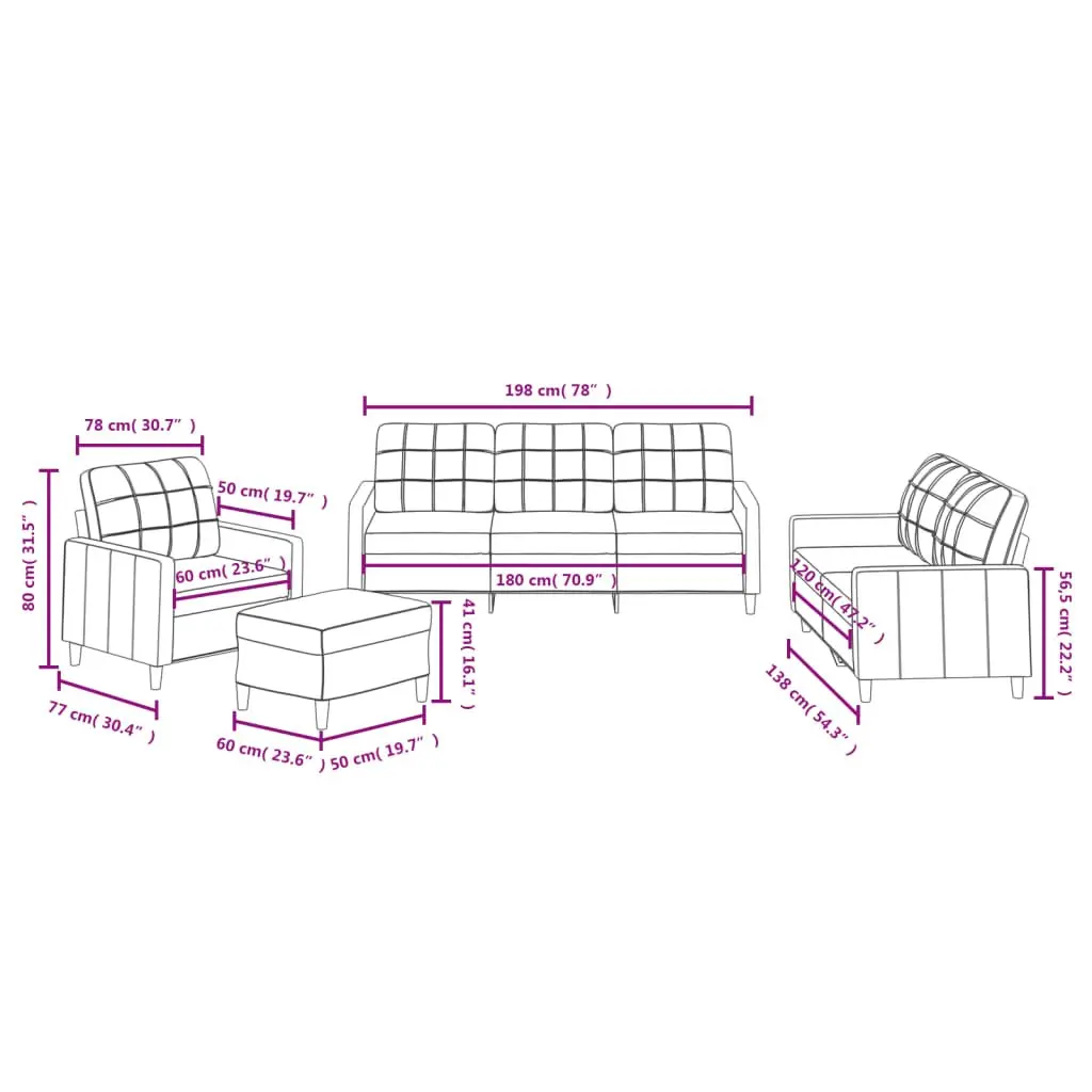 Sofa Set Grey Fabric 4 Piece Living Room Furniture