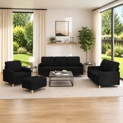 Comfortable 4 Piece Black Fabric Sofa Set with Cushions