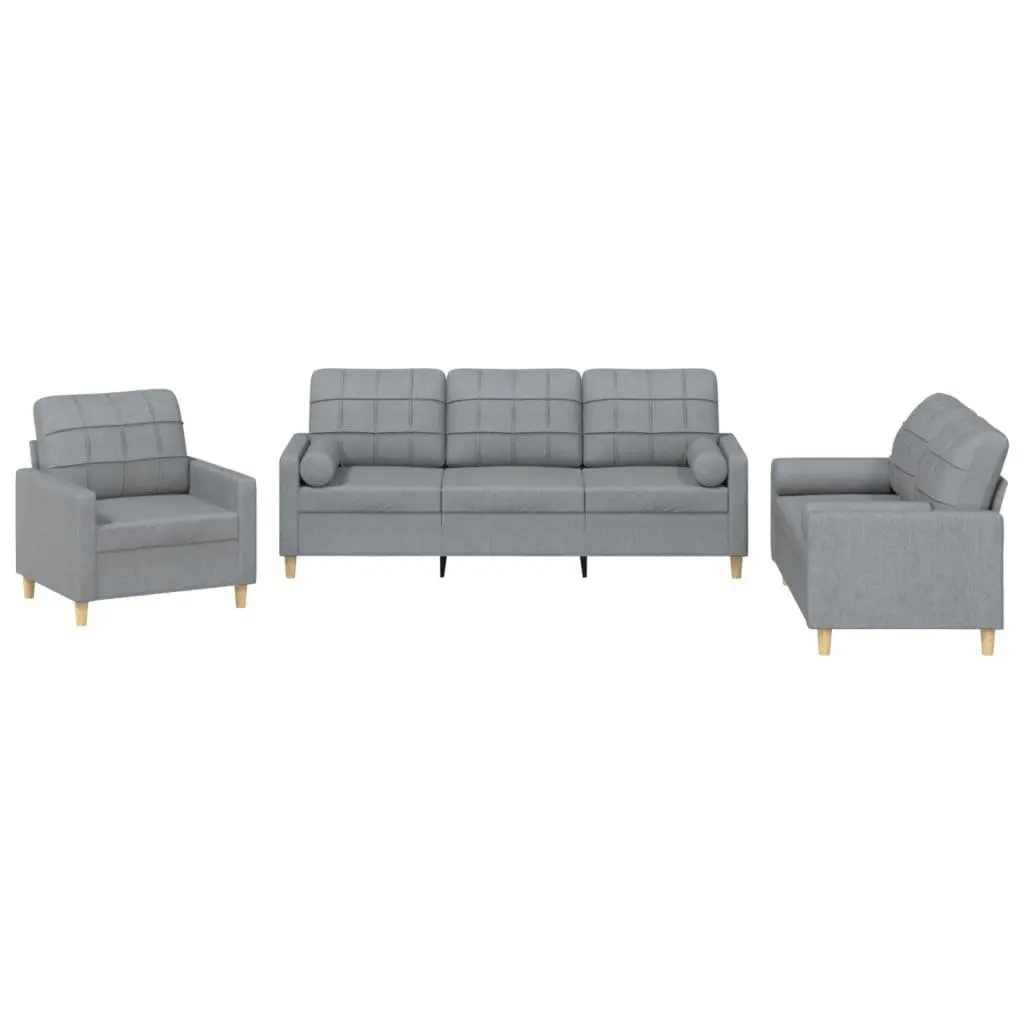 3 Piece Sofa Set Grey Fabric Living Room Couch with Pillows Comfortable Seating
