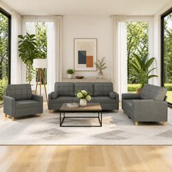 Comfortable 3 Piece Grey Fabric Sofa Set with Pillows