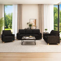 Cozy Black Fabric 3 Piece Sofa Set with Pillows