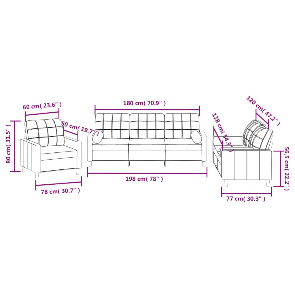 3 Piece Sofa Set Black Fabric Living Room Sectional