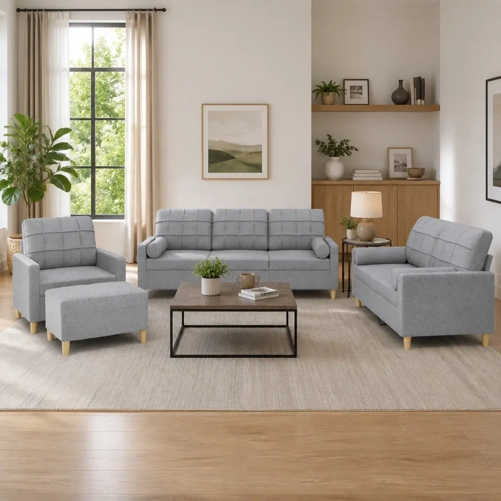 Grey Fabric Lounge Suite Sofa Set with Ottoman and Pillows 4 Pieces