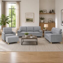 Comfortable 4 Piece Grey Fabric Sofa Set with Ottoman