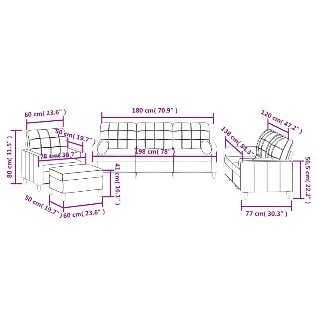 Grey Fabric Lounge Suite Sofa Set with Ottoman and Pillows 4 Pieces