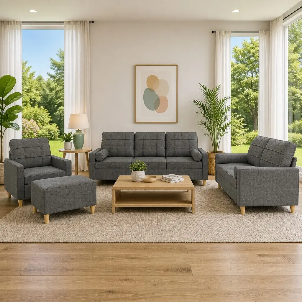 4 Piece Sofa Set Grey Fabric Lounge with Pillows Footstool Living Room Furniture