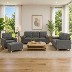 Grey Fabric 4 Piece Sofa Set with Pillows and Footstool